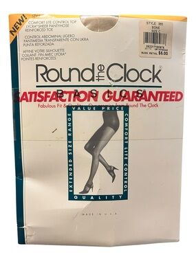 Round The Clock Control Top Pantyhose Bone Size C Reinforced Toe 365 Vintage